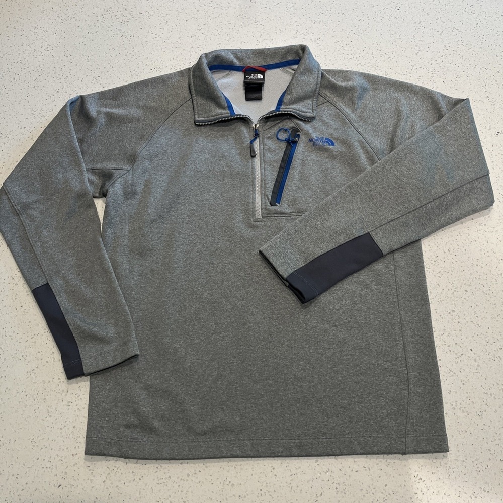The North Face Mens 1/4 Zip Fleece‎ Pullover Size M Gray Zip Pocket Blue Logo